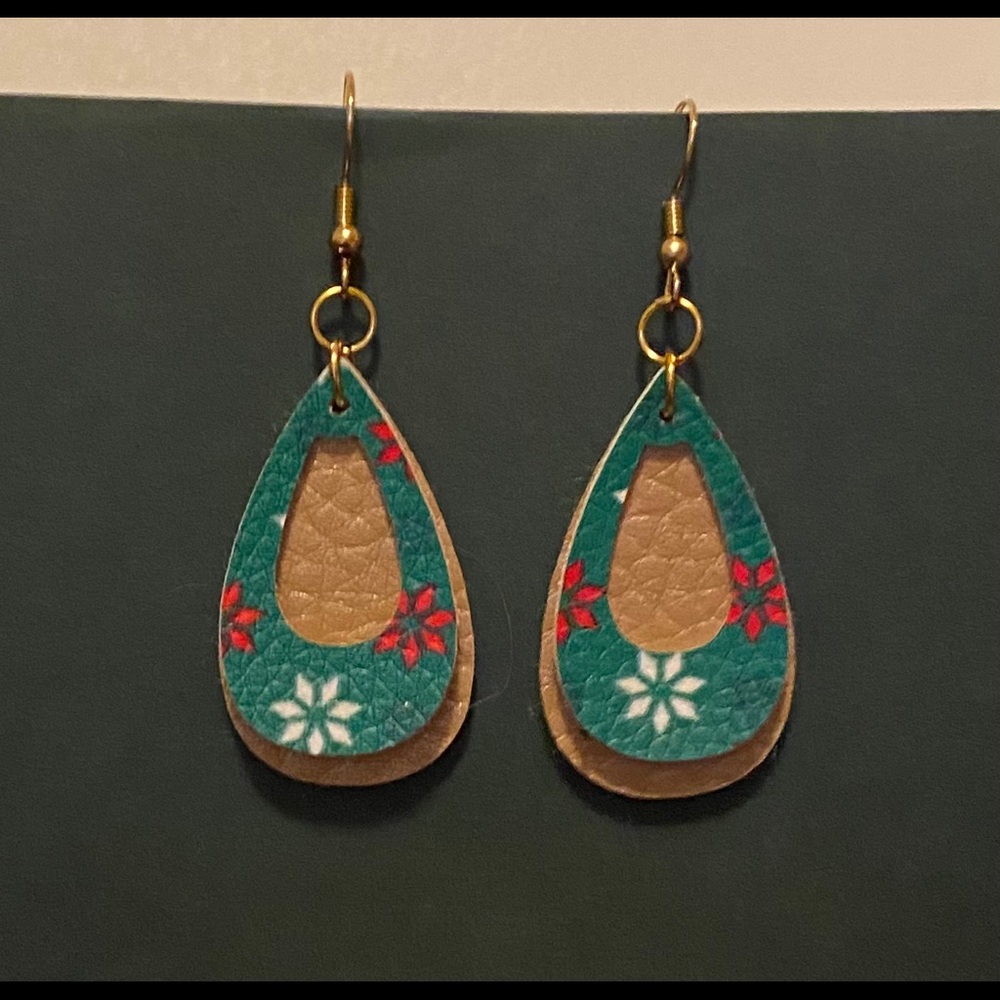 Handmade Faux Leather Earrings- Gold, Red & Green